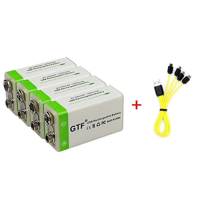 GTF 9V 500mAh lithium USB Rechargeable battery 9V li-ion Square battery for Toy Remote Control KTV Multimeter Microphone: 4pcs and USB cable