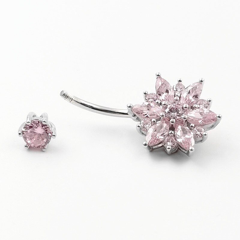 925 Sterling Zilveren Buik Piercing Roze Bloem Cubic Zirkoon Navel Knop Ring Voor Vrouwen Body Piercing Sieraden