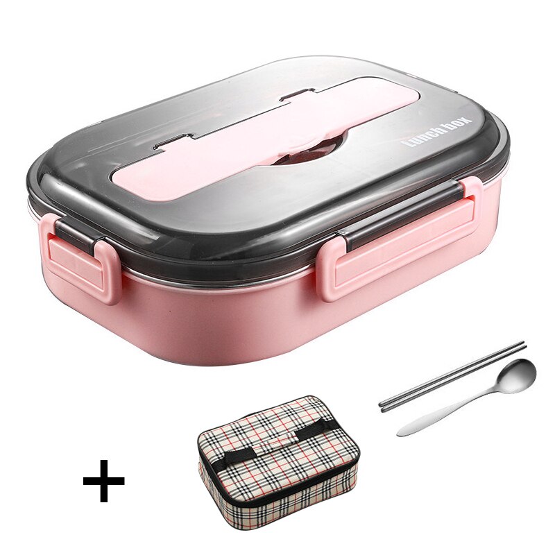 Portable Leakproof Lunch Box Compartments 304 Stainless Steel Lunchbox Office School Kids Bento Box with Spoon and Bag: 2 Grid Pink 1L
