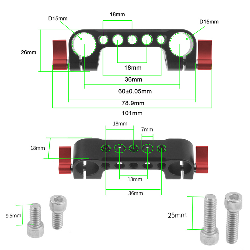 15mm Rail Dual Rod Clamp Mount 1/4 "-20 Draad Knop Schroef voor DSLR Camera Rig Kooi Grondplaat Lens Ondersteuning Fotografie Systeem Kit: Zilver