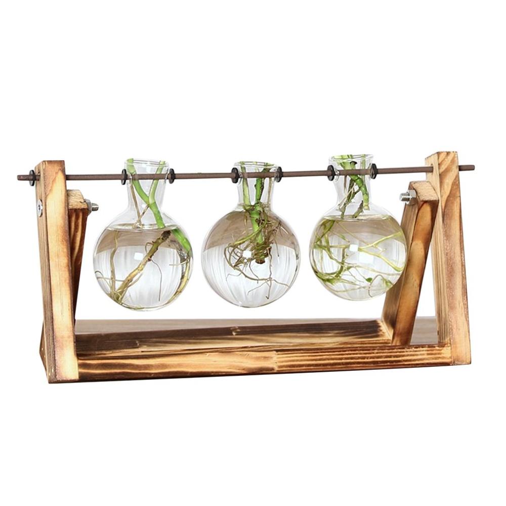Desktop Glass Planter Bulb Vase with Retro Solid Wooden Stand and Metal Swivel Holder for Hydroponics Plants Home Office Decor: 3