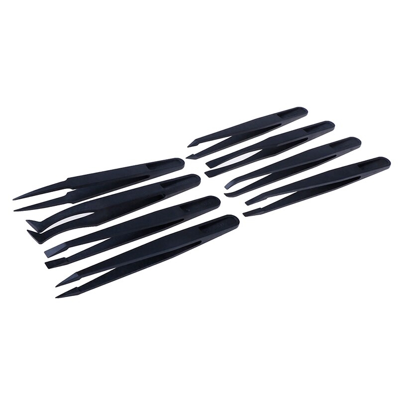 Set van 8 zwarte antistatische koolstofvezel pincetten voor elektronica, esd-kunststof pincetten en handgereedschap voor pcb-reparatie.