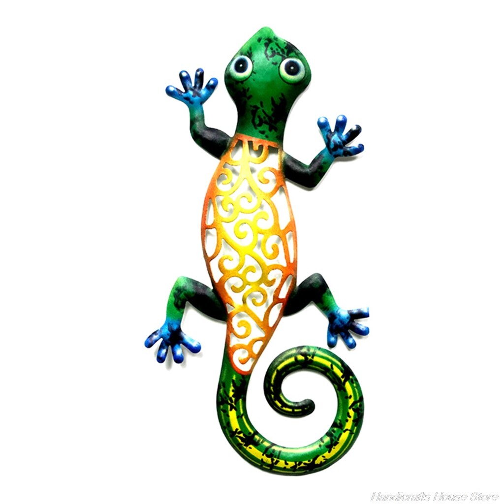 hogardeck Metalen gekko buitenmuurdecoratie, 4-pack hagedis muurkunst tuinsculpturen en standbeelden met schudkop buiten lentedecoratie voor voortuin, hek, terras