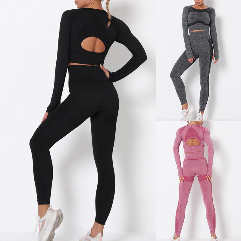 Vrouwen Naadloze Yoga Set Gym Kleding Fitness Hoge Taille Leggings + Cropped Shirts Sport Pak Lange Mouwen Trainingspak dragen