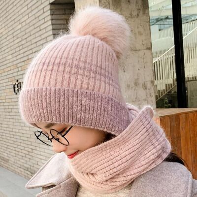 Vinter tykk pluss kashmir varm lue kvinneskjerf fuskepels pomponger vinter kvinners strikke lue ull hatt ski 2 sett: Rosa