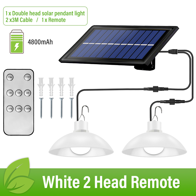 Luces colgantes de doble cabeza impermeables IP65, lámpara Solar para interior y exterior, luces de cobertizo con Cable alimentadas por luz Solar para patio, Camping, etc.: Remote 2 Heads White / Warm White - 3500K