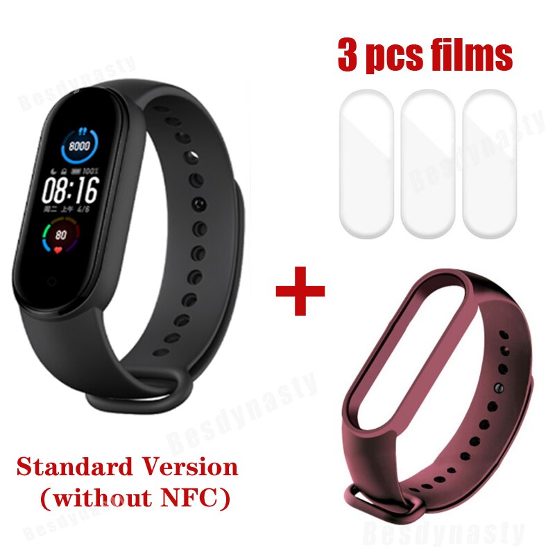 Xiaomi Mi Band 5 Fitness Bracelet Magnetic Charge 24h Heart Rate Sleep REM Nap Step Swim Sport Monitor Remind Alarm wristband 5: add wine strap