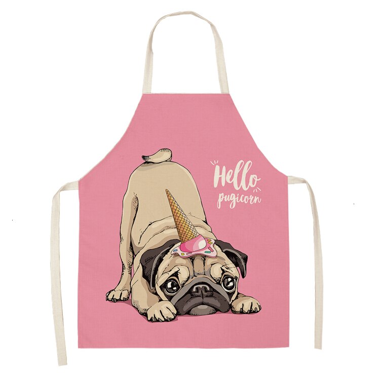 Nette Hund Mops Gedruckt Baumwolle Leinen Ärmel Schürze Küche Schürzen Frauen Hause Kochen Backen Taille Lätzchen Schürze 53*65cm WQL0152: WQL0152-18