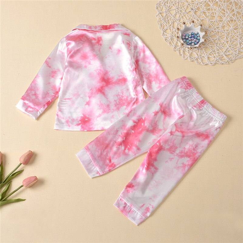 Børn dreng pige satin pyjamas sæt tie dye print revers lange ærmer knapper skjorte top+bukser 2 stk baby nattøj jakkesæt