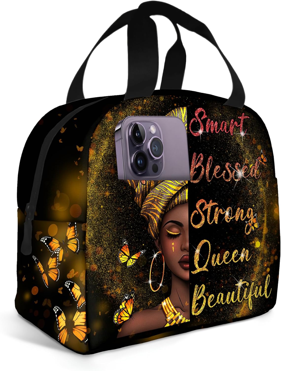 African American Women Lunch Bag Reusable Black Women Magic Insulated Lunch Box Portable Tote Bag for Women Travel Hiking: Brown