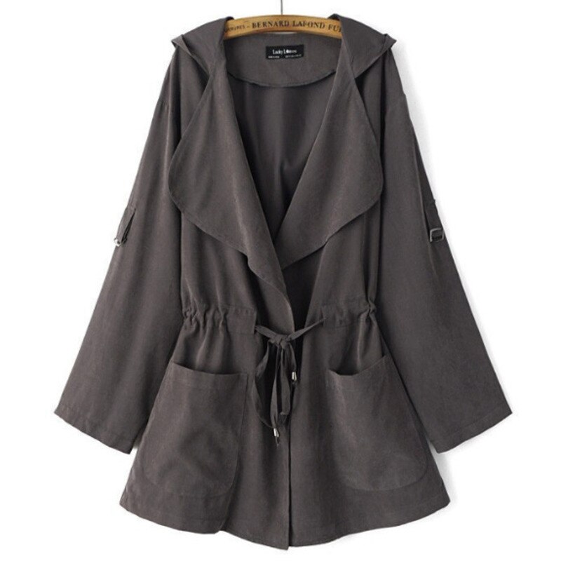 Solid trenchcoat dame efterår dame hætte tynd vindjakke mellemlang frakke afslappet løs streetwear frakker