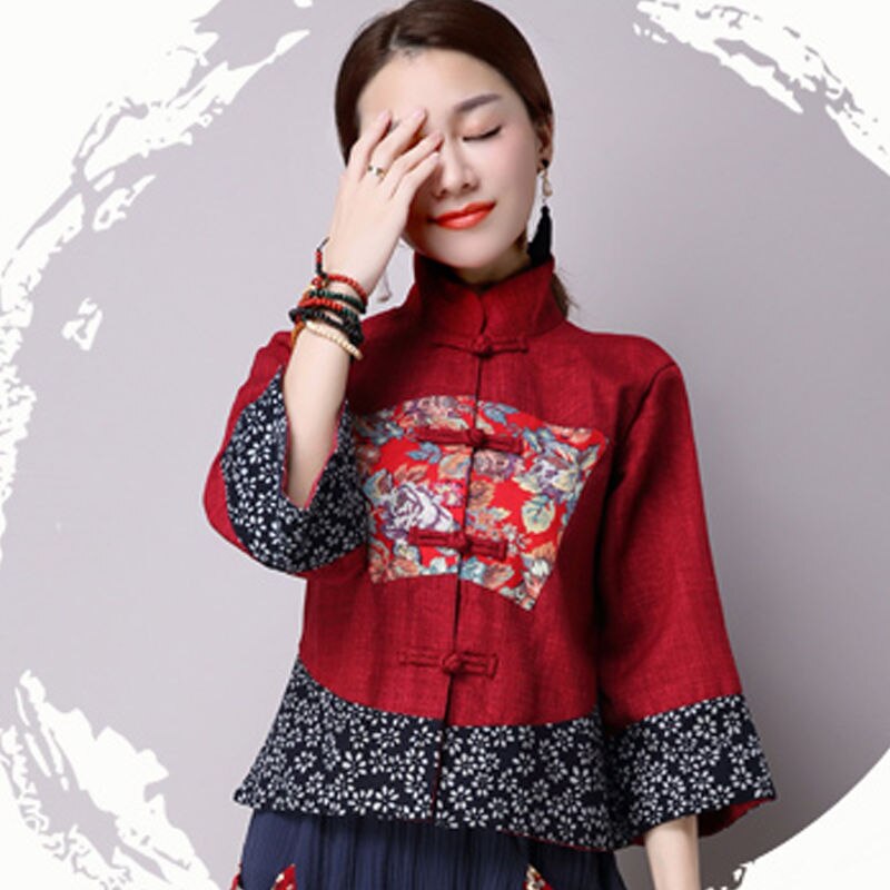 Tang Costum Vrouwen Plus Size Tops 2022 Herfst Katoen Prints Stand Kraag Traditionele Chinese Stijl Skinny Hanfu Shirts Vrouw