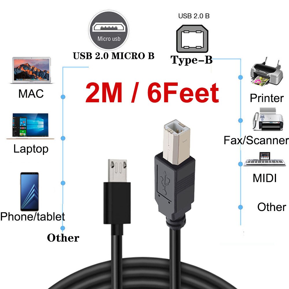 2m / 6feet micro usb Male to USB 2.0 B Male Data OTG Cable Phone tablet to Electronic piano drum