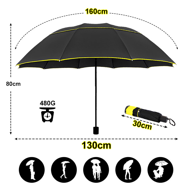 Paraguas portátil de doble capa para hombre y mujer, sombrilla grande de , resistente al viento, 3 pliegues, 130cm