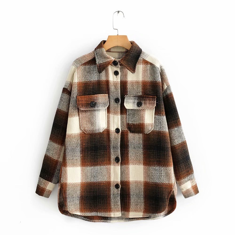 Kvinder plaid skjorte jakke vinter uld frakke enkeltradet oversize frakke revers toppe