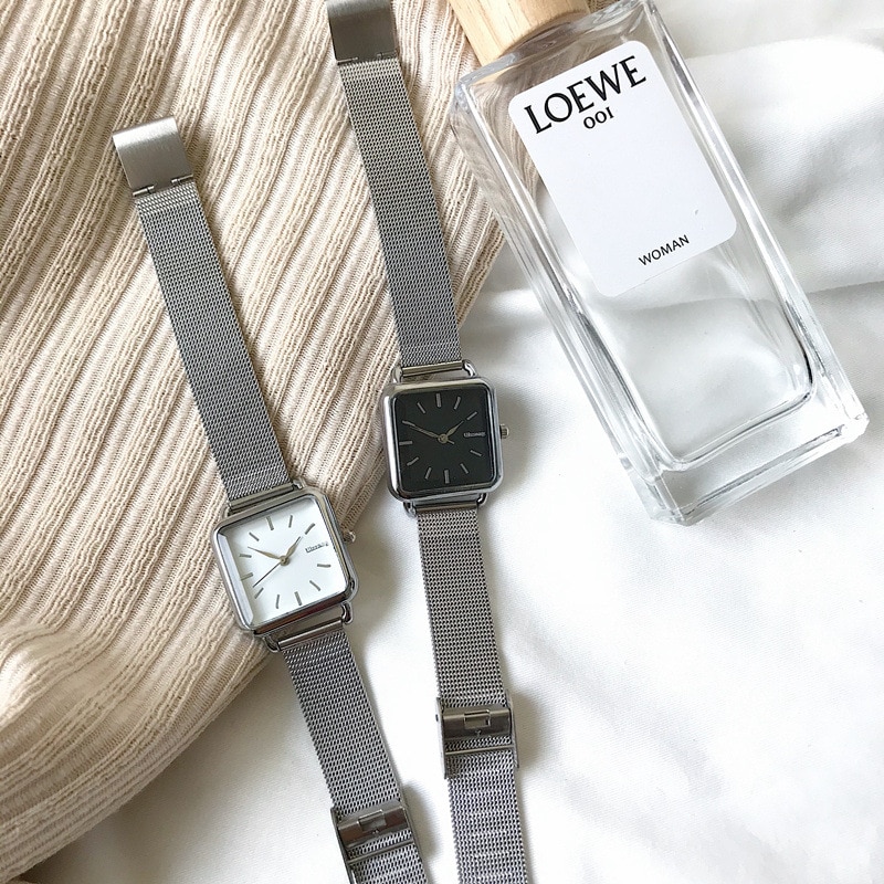 Vrouwen Mode Vierkante Horloges Minimalistische Dames Quartz Wrsitwatches Ulzzang Goud Zilver Rvs Mesh Band Klok