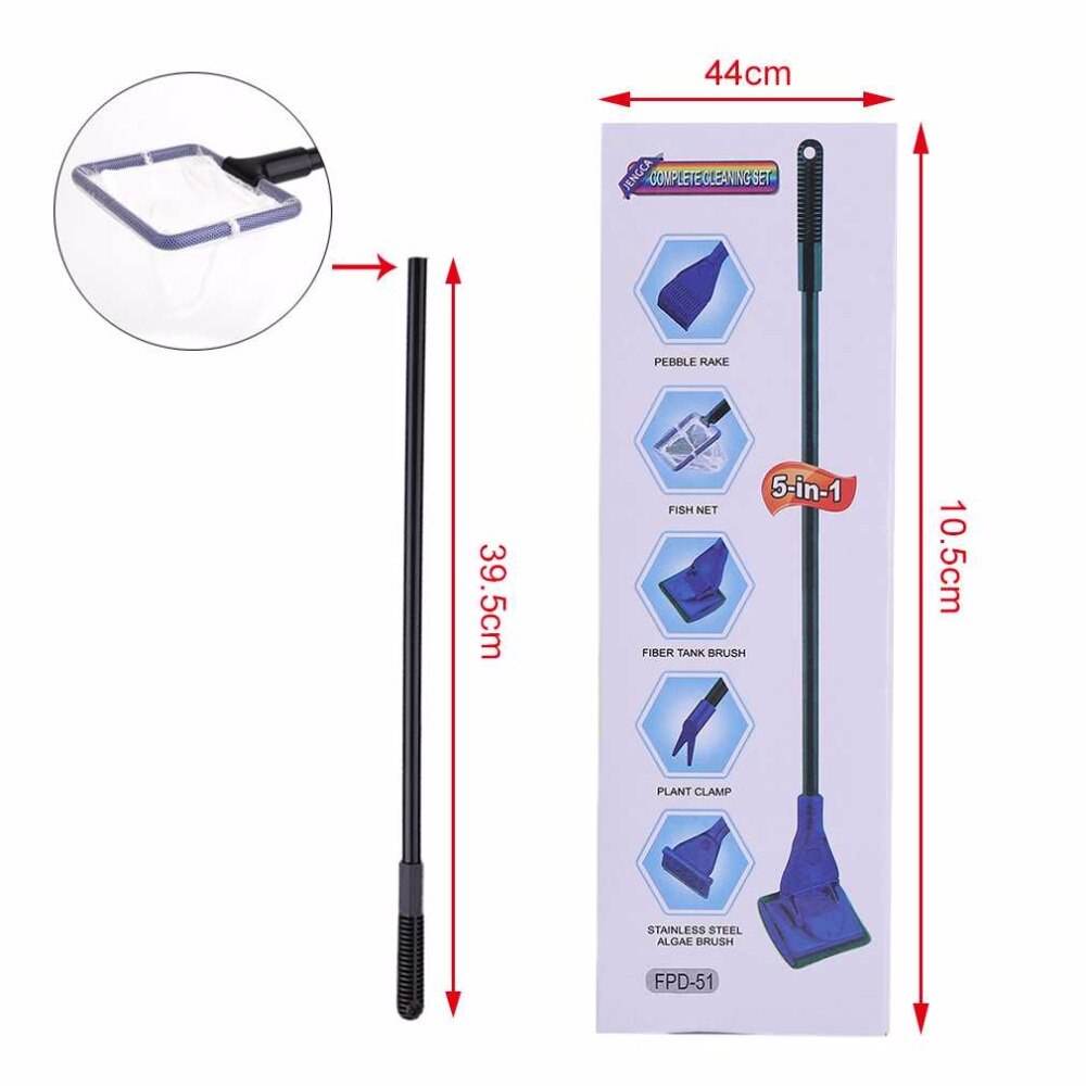 5 in 1 Aquarium Tank Complete Clean Set Fish Net Gravel Rake Algae Scraper Fork Sponge Brush Glass Aquarium Cleaner Tool Kit
