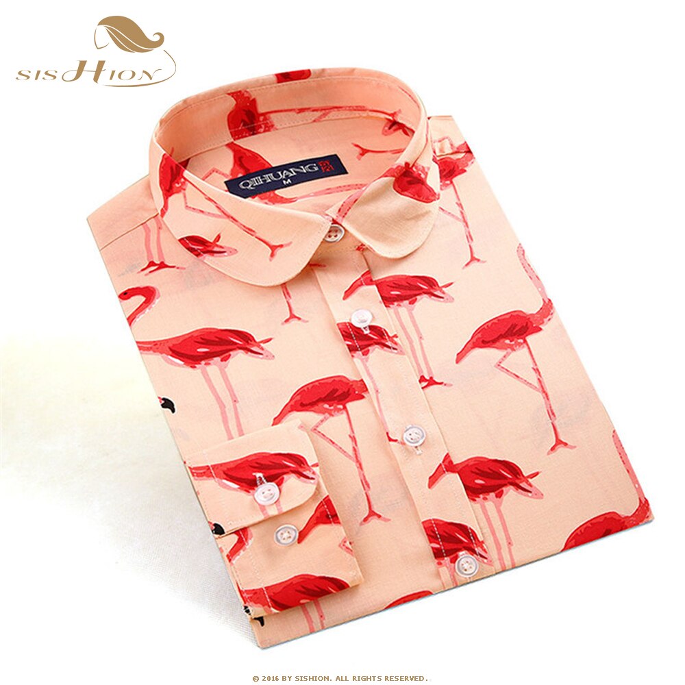 SISHION – chemisier en coton imprimé flamant rose pour femmes, manches longues, Vintage, chemises pour dames, VD1324: M