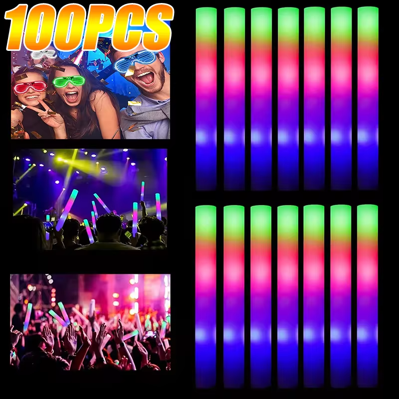 100PCS LED Glow Sticks Bulk Colorful RGB Glow Foam Stick Cheer Tube Dark Light for Xmas Birthday Wedding Party Supplies