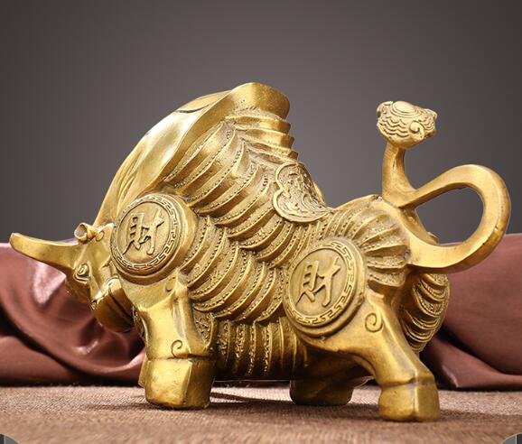 Medium Size Brass Bronze Wall Street Fierce Bull OX Figure Statue 7" Long