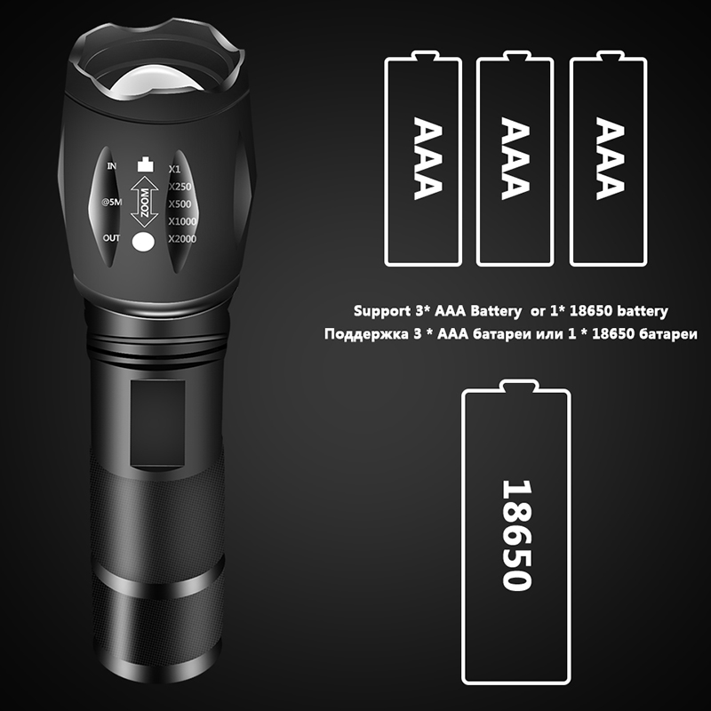 Zhuiguangzhe led-lommelygte ultralys lommelygte  l2/v6 camping 5 switch-tilstande vandtæt zoombar cykellygte bruger 18650 batterier