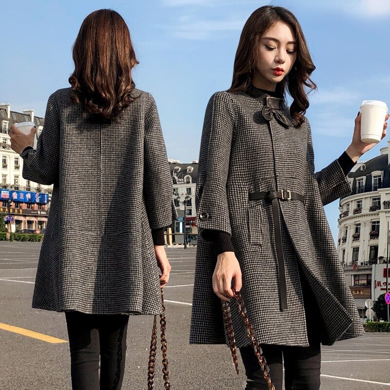 Veste en laine mi-longue pour femme, manteau de bureau, coréen, automne hiver , nouvelle Cape ample, petit mille oiseaux, treillis: 1 / L