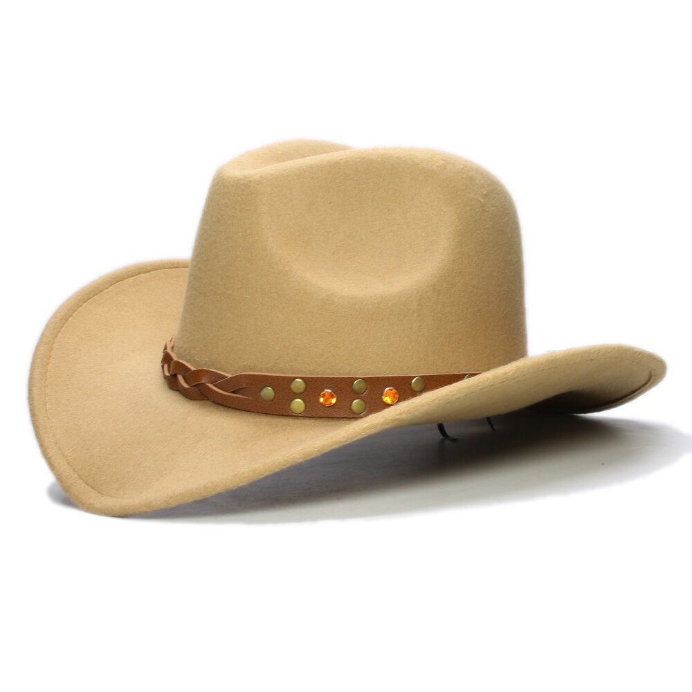 Retro Turquoise Yellow Crystal Band Parent-child Unisex /Kid Wool Wide Brim Cowboy Western Hat Cowgirl Bowler Cap (57cm/54cm): Camel / Kid Size 54cm
