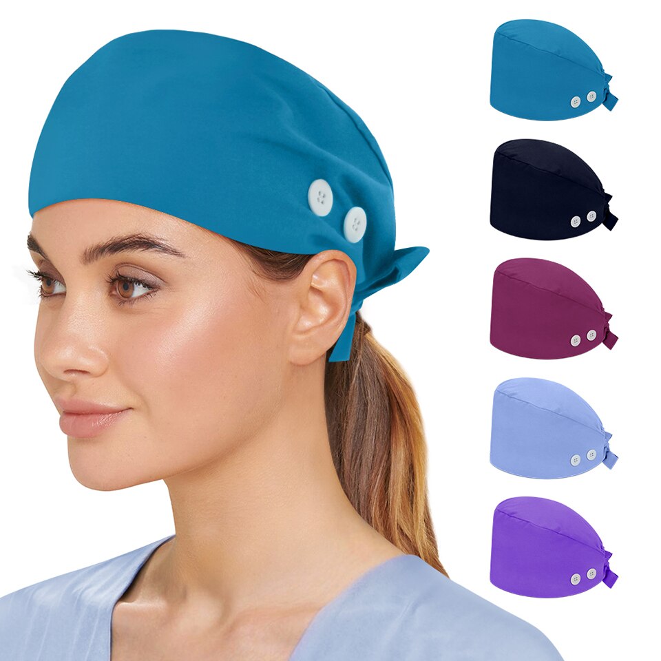 Unisex Adjustable Working Nurse Hat Bouffant Sanitary Cap Women Scrub Cap with Button Sweatband Cotton Nursing Caps Floral Print