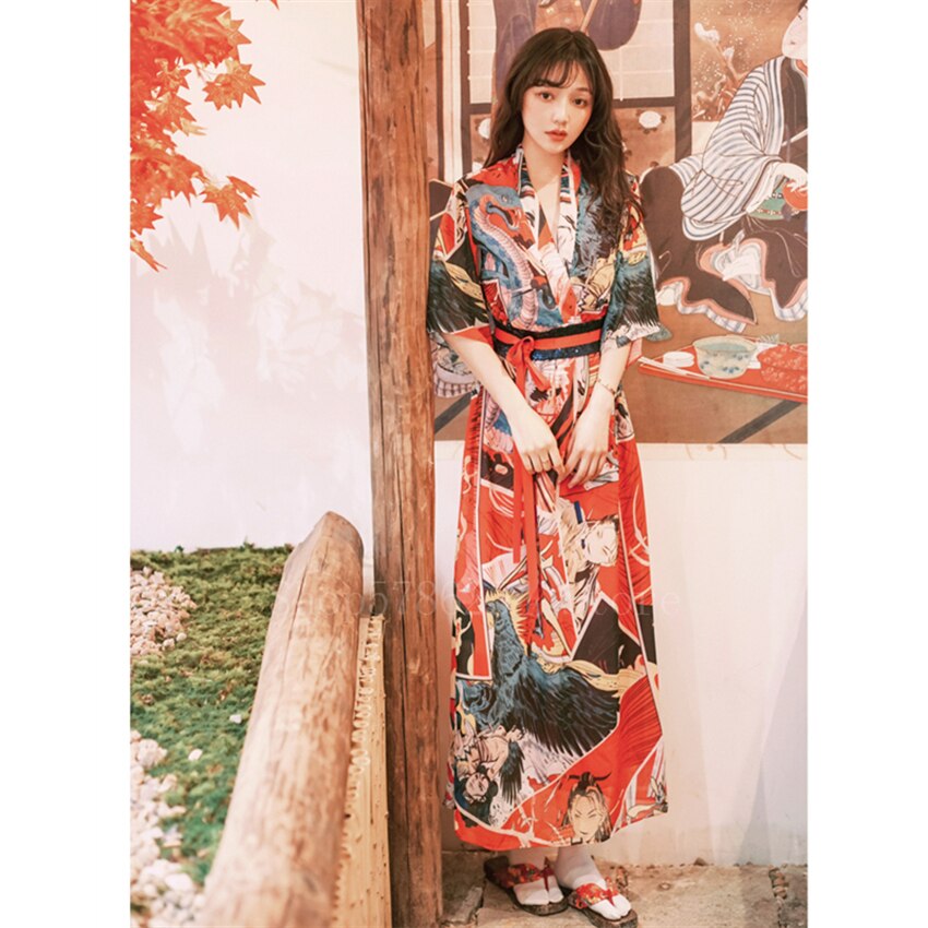 Sommar japansk stil klänning kimono kvinnor flicka fancy print semester chiffong älva lång retro geisha vestido kofta