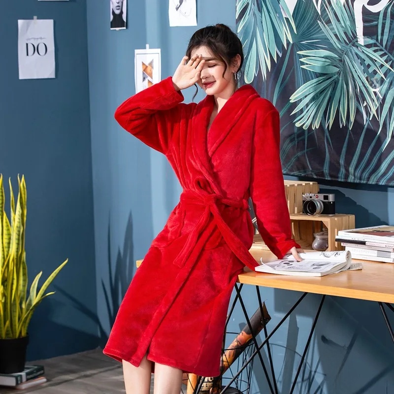 Lang badekåpe i hotellstil til par, korallfleece, flanell, hvit morgenkjole, damenattøy, herrepysjamas, høstvinter: M / Himmelblå