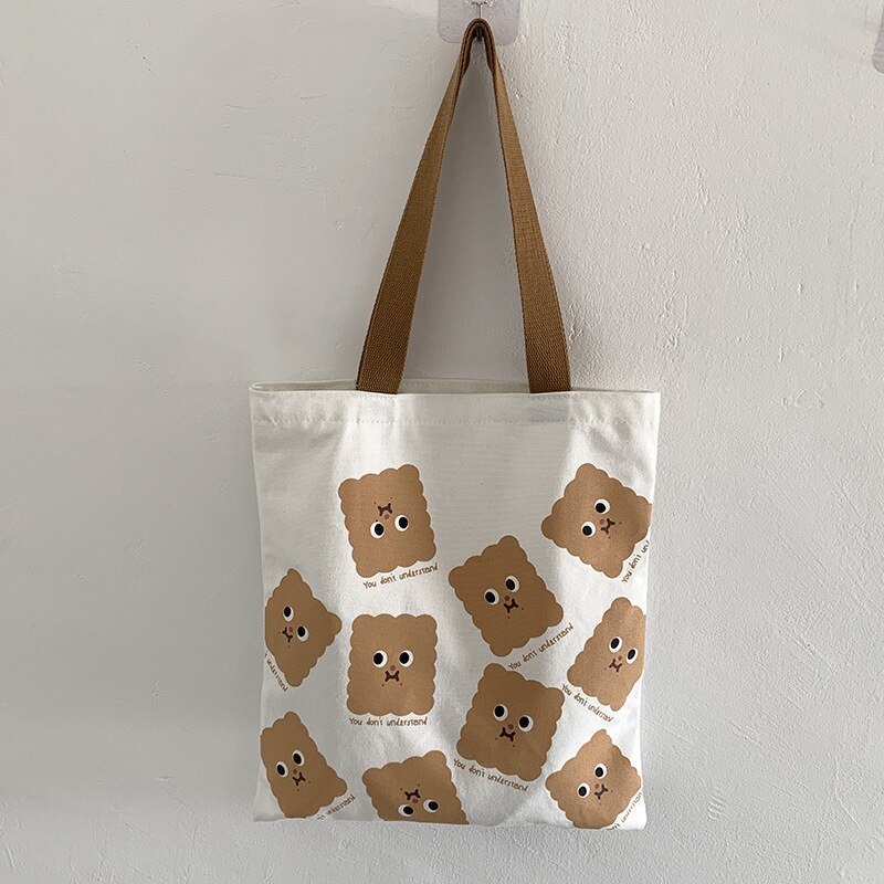 Grote canvas tassen voor dames, boodschappentas voor dames, opvouwbare schoudertas met kleine beerprint, eco-tassen, shopper