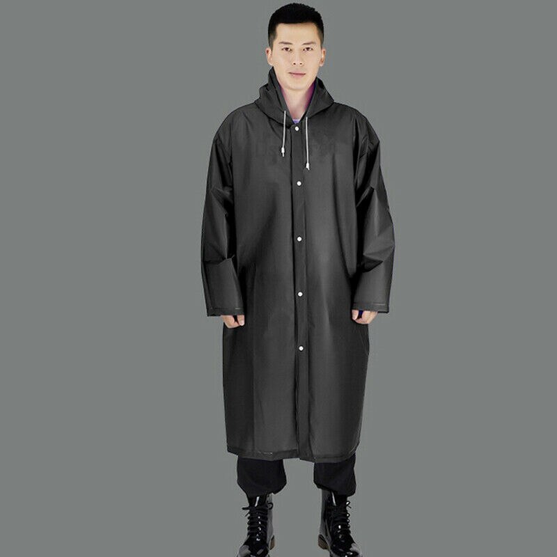 Men Women Waterproof Raincoats EVA Transparent Button Hooded Raincoat Portable Outdoor Travel Rain Coat Poncho Plastic Rainwear: Black