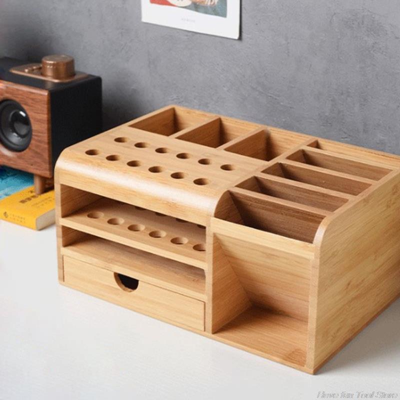 Wooden Multifunctional Storage Box for store Tool Tweezers Knives Screwdrivers Cellphone Calculator Desk Supplies