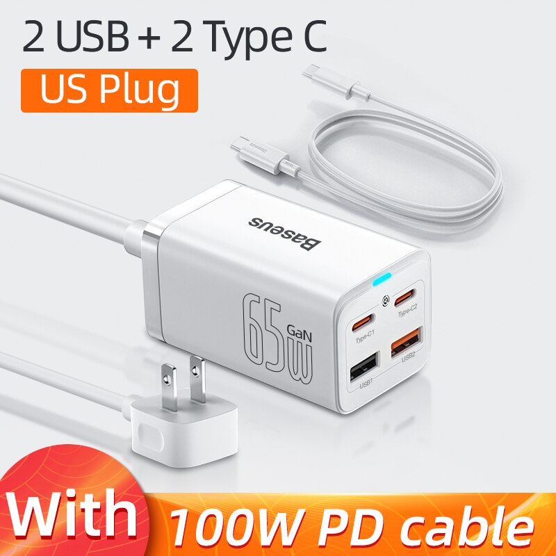 Baseus Pd 65W Gan Charger Usb Type C Snel Opladen Station Quick Charge 4.0 Desktop Charger Adapter Voor Iphone macbook Samsung: White US plug