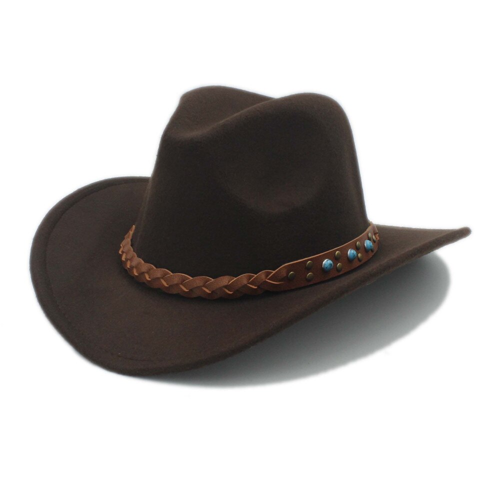 Luckylianji uldfilt vestlig cowboy hat til barn barn bred skygge cowgirl kallaite fletning læderbånd (størrelse :54cm, juster reb): Brun