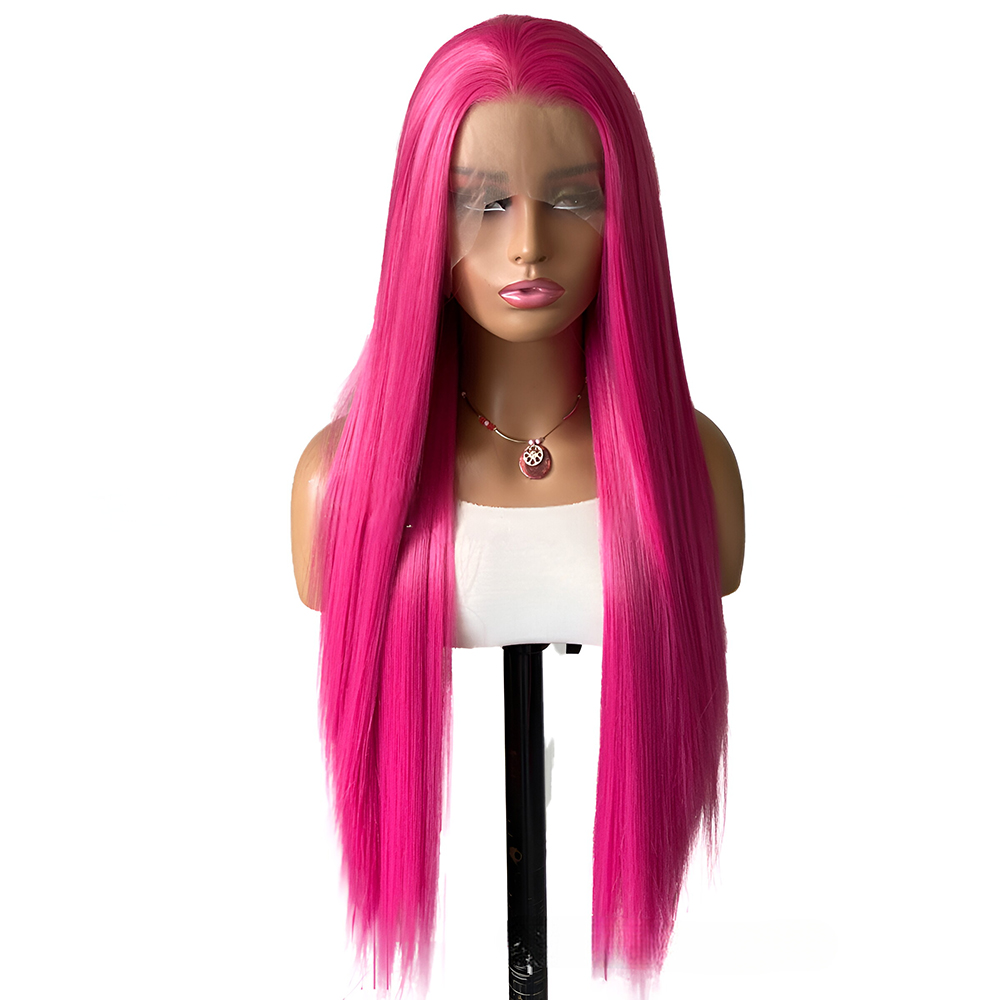 Perruque Lace Wig synthétique lisse Rose, sans colle, naissance des cheveux naturelle, usage quotidien, longue perruque Rose, partie de Cosplay, cheveux avant