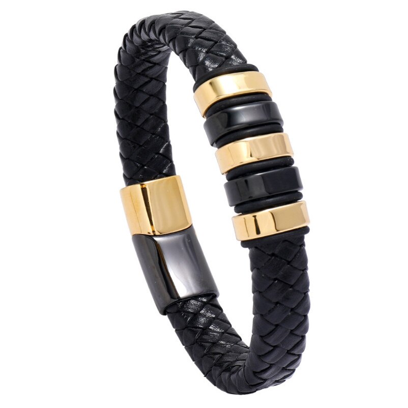 Pulseras de cuero negro de acero inoxidable, pulsera tejida, cuentas de acero y titanio, abalorios magnéticos, brazalete, joyería Punk informal: 22.5cm