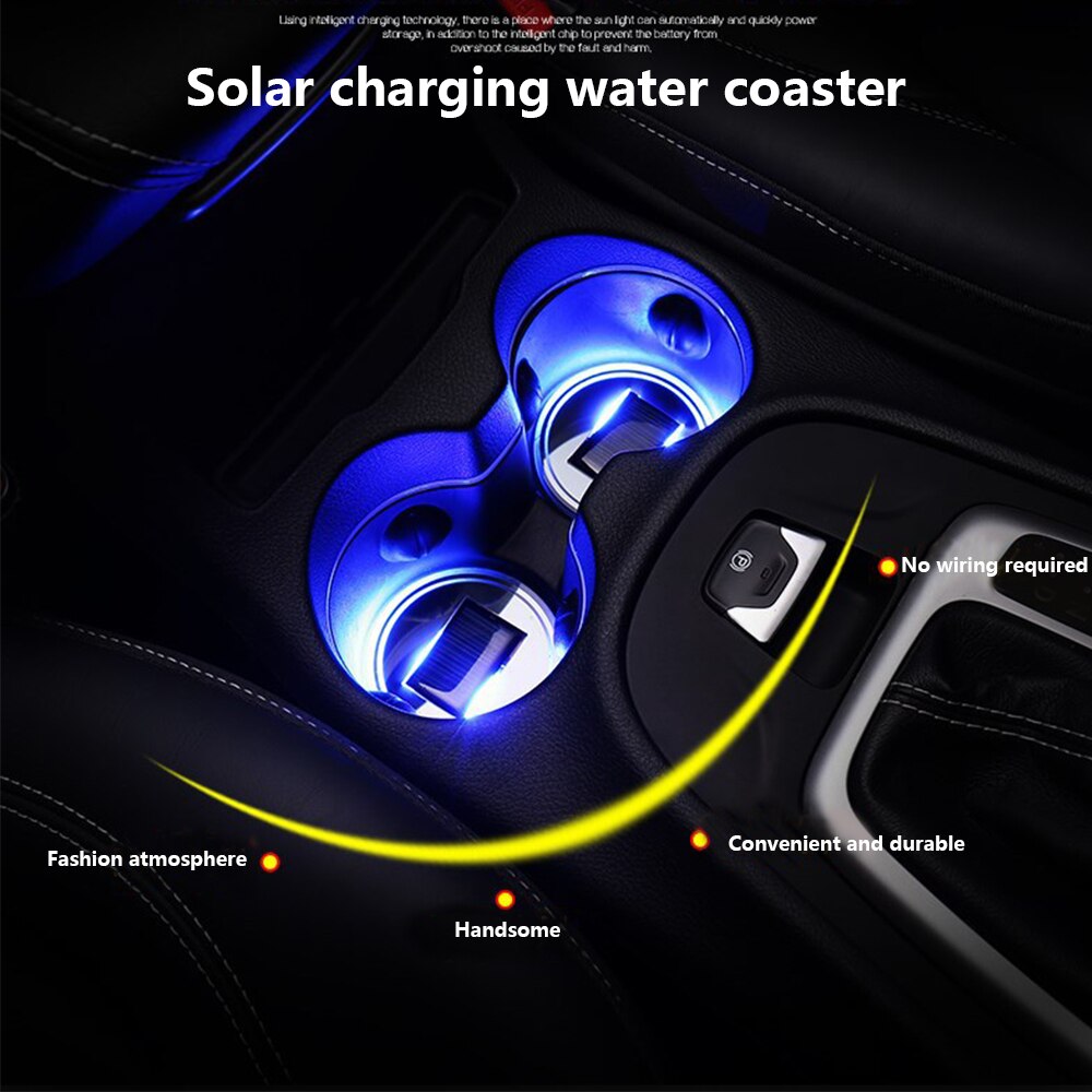 2PCS Cup Holder Led Solar Cup Pad Vehicle Cup Coaster Automotive LED Atmosphere Lights Water Cup Holder Lamp Anti-Slip Mat