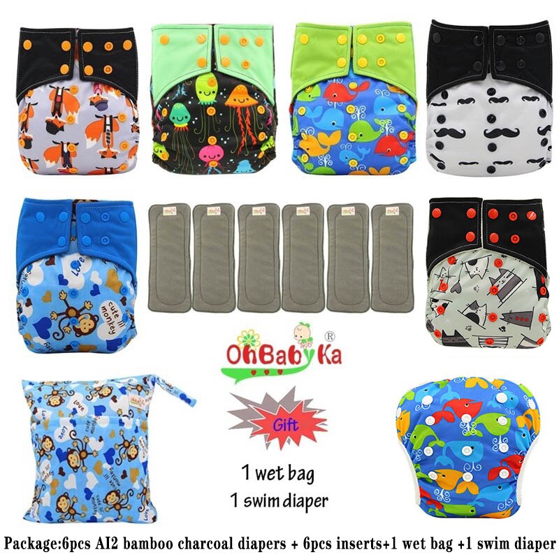 Ohbabyka AI2 wiederverwendbar Tuch Windeln für Mädchen, einstellbare Waschbar Windel 6 stücke + 6 stücke Bambus Holzkohle Einsätze + nass Tasche + Schwimmen Windel: 102