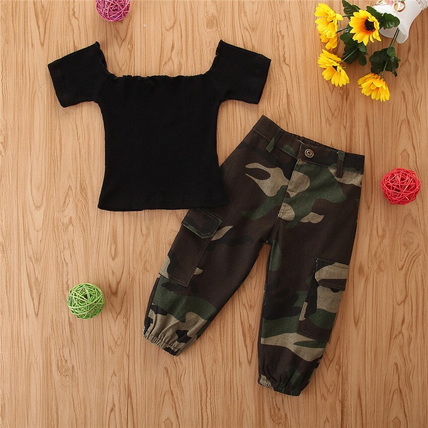 Ensemble de vêtements pour bébé fille en coton russe, t-shirt à épaules dénudées + pantalon camouflage, ensemble de 2 pièces pour bébé
