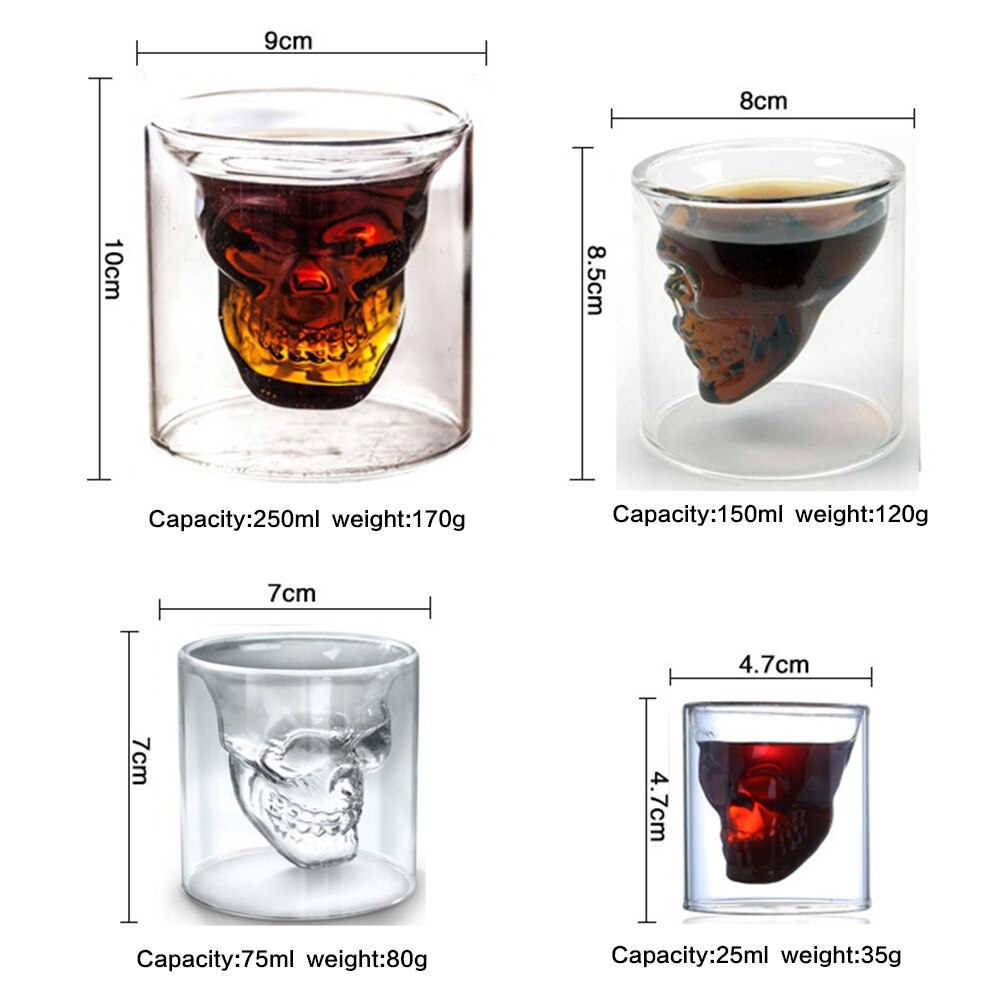 25-250ml kaffekrus dobbeltlags gjennomsiktig krystallskallehodeglasskopp til husholdnings whiskyvin vodka bar ølvinsglass