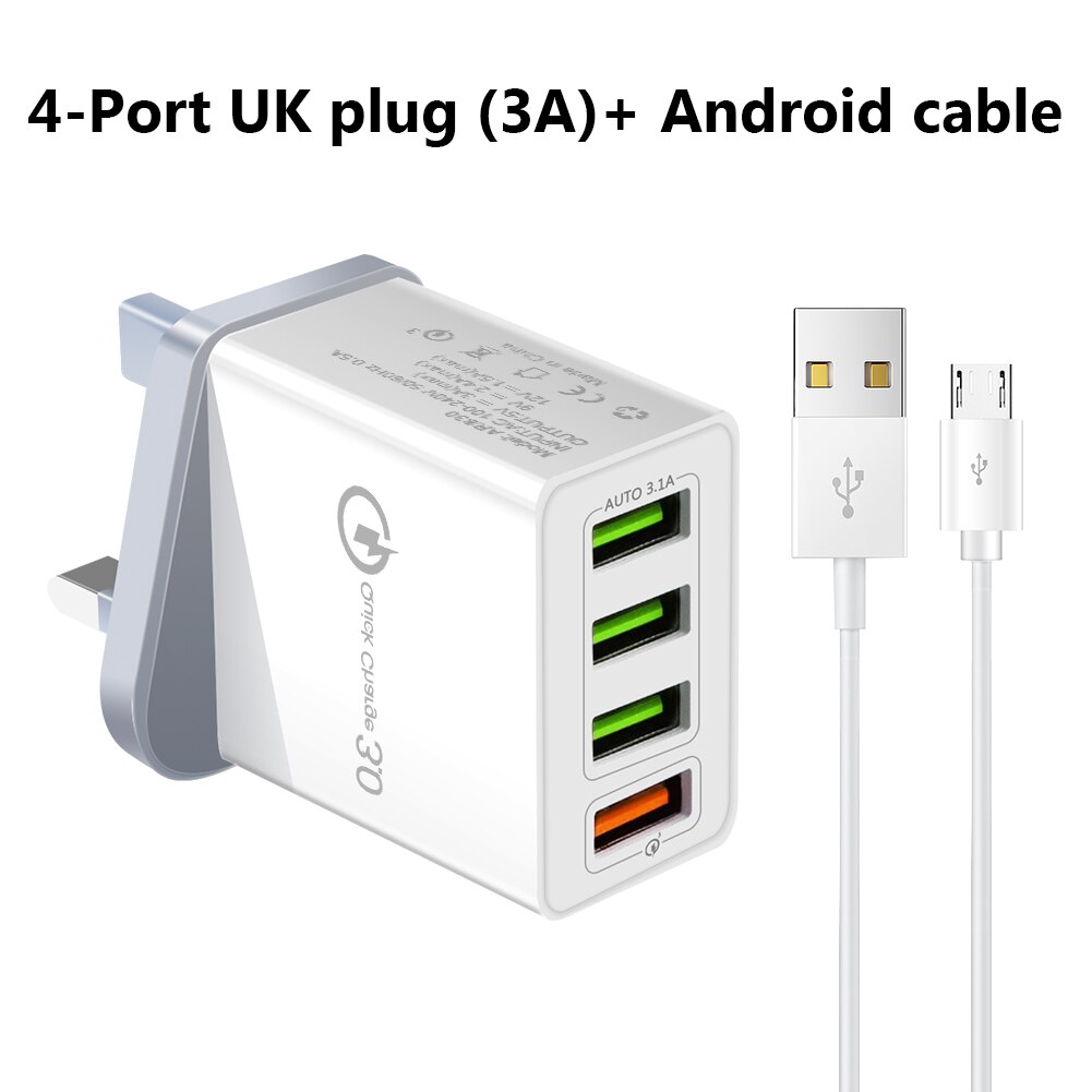 5V 2.4/3A Uk Plug 1/4 Usb-poort Adapter Mobiele Telefoon Lader Apparaat Quick Lading Qc 3.0 mobiele Telefoon Oplader Fast Charger: 4 usb micro usb