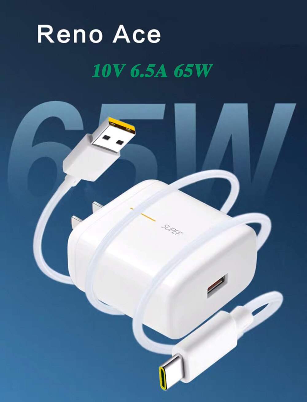 65w supervooc 2.0 schnellladegerät für oppo reno ace, ace 2, reno 4, reno 5 pro, pro 6, + 5g  k9, find  x3 lite, usb-typ-c-kabel (original)