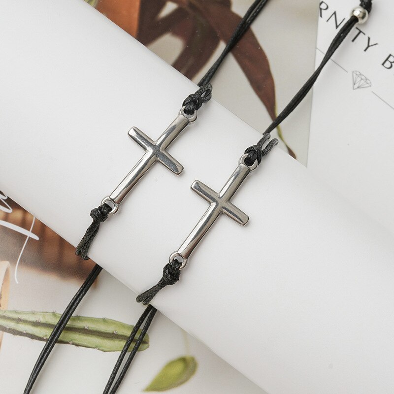 Handmade Edelstahl Kreuz Charme Wachs Schnur Geflochtene Karte Armband