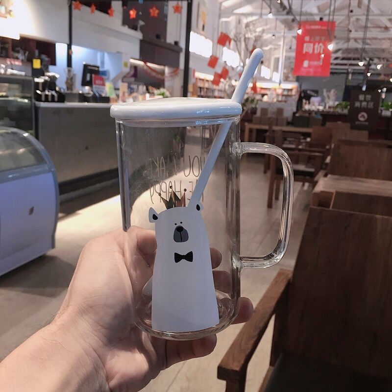 High borosilicate glass Glass Cup Bear Pattern Transparent Glass Bottle Drinking tea cup with Straw with Lid Cute Large Capacity: with cover Spoon4