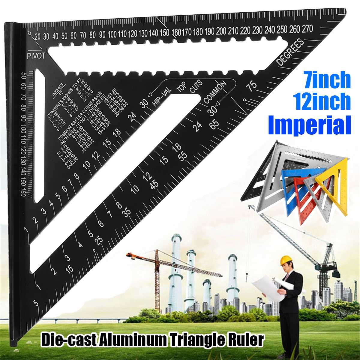 Triangle Ruler 12 inch Aluminum Alloy Angle Protractor Speed Imperial Square Measuring Ruler For Building Framing Tools Gauges