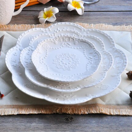 European Style Flat Plate-6&quot;8&quot;10&quot;Western Steak Plate -Embossed Round Shallow Plate Pure White Bone China Dessert Tray Home Acces: 3pcs set-White