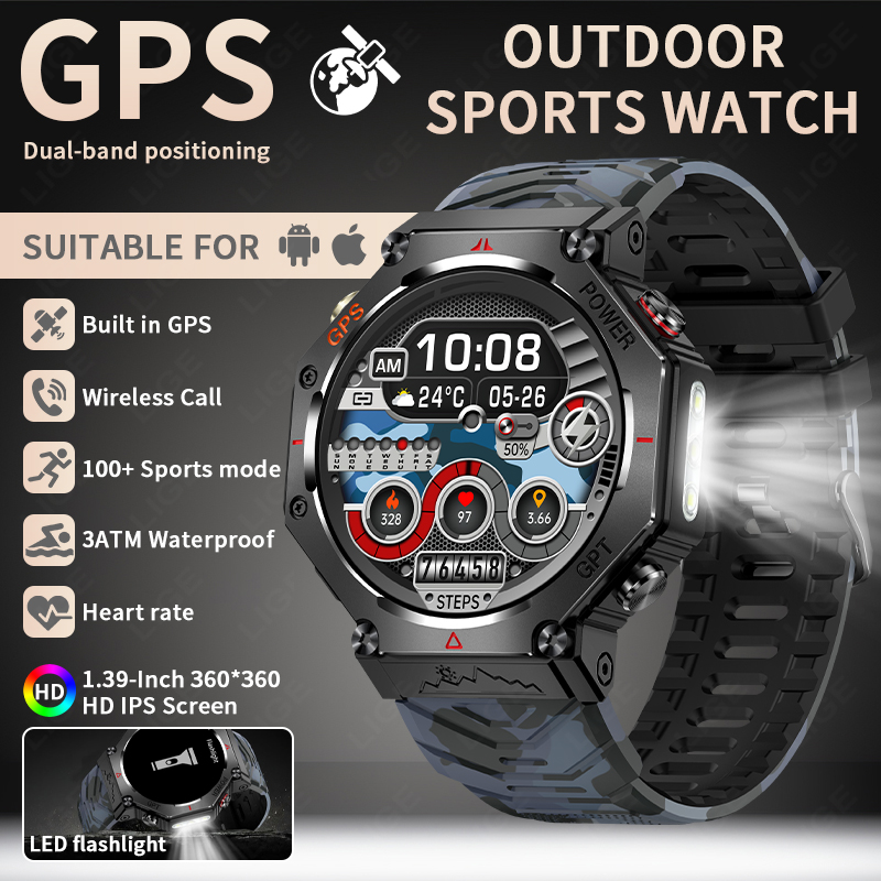 LIGE 2025 Nuova posizione GPS Smartwatch per uomo 530mAh Bluetooth chiamata bussola torcia a LED 3ATM Smartwatch militare impermeabile: Black