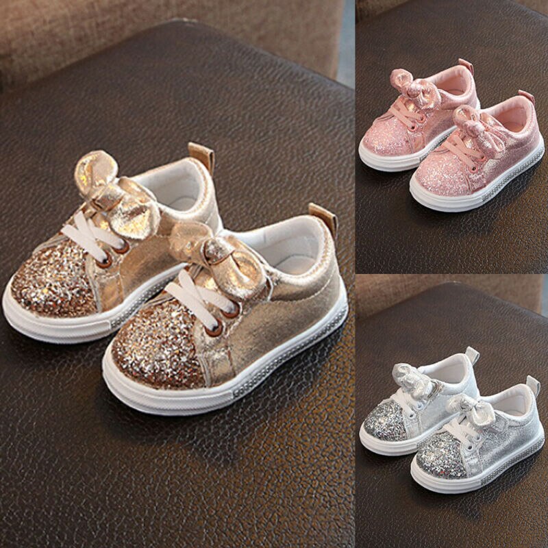 Chaussures de Sport pour petites filles de 1 à 3 ans, baskets à paillettes avec nœud, à semelle plate, brillantes, à la , 1 paire