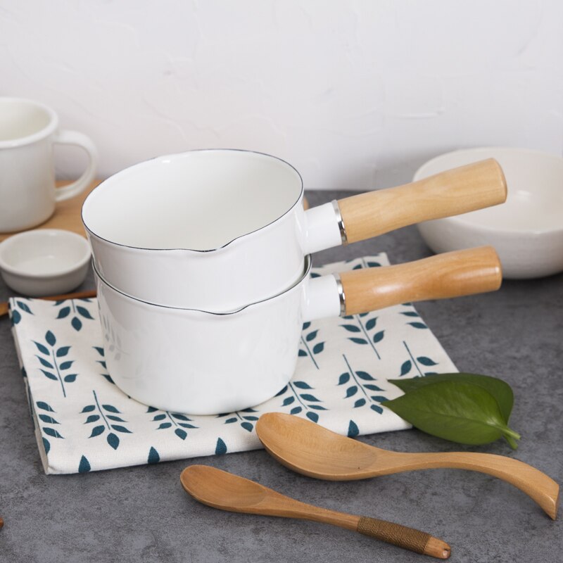 Enamel auxiliary food pot single wooden handle milk breakfast pot Japanese porcelain enameled rice soup small stew pan